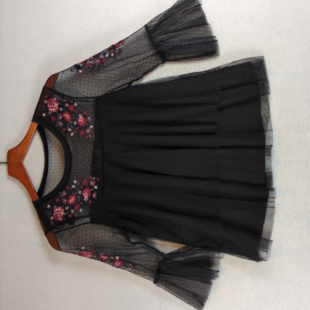 Blue Rain Sheer‎ Floral Embroidered Flared Sleeve Blouse S